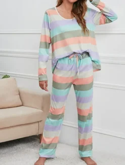 Hot Women's Pajamas Nighty Pjs Sets 2 Pieces Rainbow Stripe Fashion Comfort Soft Home Daily Bed Cotton Breathable V Wire Long Sleeve T shirt Tee Pant Spring Fall Home Outfits Women Pajama-Setter