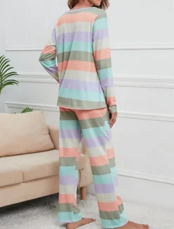 Hot Women's Pajamas Nighty Pjs Sets 2 Pieces Rainbow Stripe Fashion Comfort Soft Home Daily Bed Cotton Breathable V Wire Long Sleeve T shirt Tee Pant Spring Fall Home Outfits Women Pajama-Setter