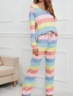 Hot Women's Pajamas Nighty Pjs Sets 2 Pieces Rainbow Stripe Fashion Comfort Soft Home Daily Bed Cotton Breathable V Wire Long Sleeve T shirt Tee Pant Spring Fall Home Outfits Women Pajama-Setter