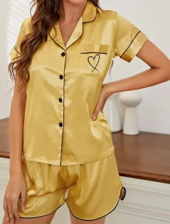 Women's Pajamas Nighty Pjs Sets 2 Pieces Heart Comfort Sweet Home Satin Silk Lapel Short Sleeve Shorts Button Pocket Summer Spring Home Outfits Women Pajama-Setter