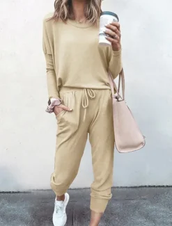 New Women's Pajamas Pajama Top and Pant Sets Pure Color Fashion Casual Soft Home Daily Bed Breathable Crew Neck Long Sleeve T shirt Tee Pant Pocket Elastic Waist Summer Spring Women Pajama-Setter