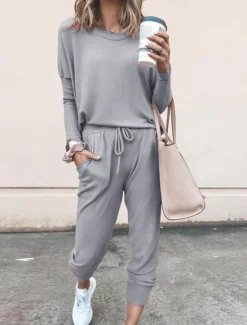 New Women's Pajamas Pajama Top and Pant Sets Pure Color Fashion Casual Soft Home Daily Bed Breathable Crew Neck Long Sleeve T shirt Tee Pant Pocket Elastic Waist Summer Spring Women Pajama-Setter