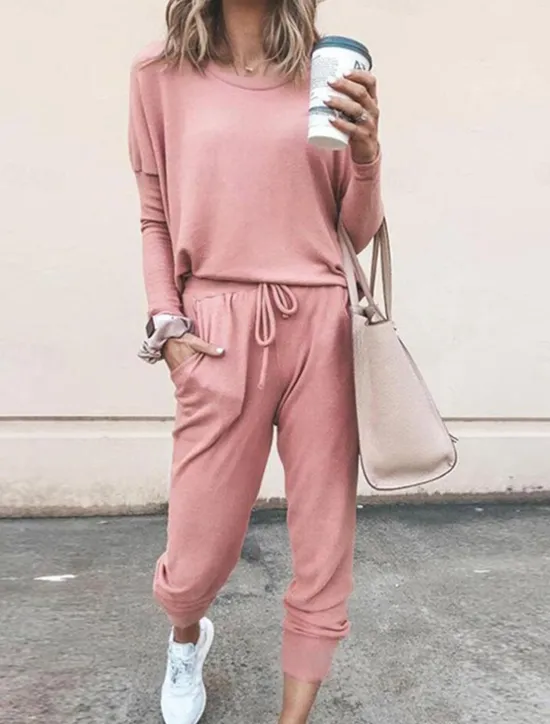 New Women's Pajamas Pajama Top and Pant Sets Pure Color Fashion Casual Soft Home Daily Bed Breathable Crew Neck Long Sleeve T shirt Tee Pant Pocket Elastic Waist Summer Spring Women Pajama-Setter