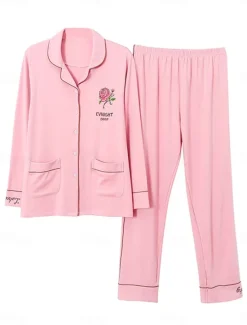 Outlet Women's Pajamas Pajama Top and Pant Sets Letter Flower Tights / Leggings Casual Comfort Home Daily Bed Cotton Breathable Lapel Long Sleeve Shirt Pant Button Pocket Summer Fall Home Outfits Women Pajama-Setter