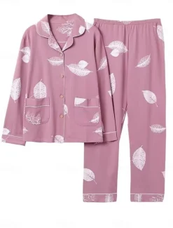 Outlet Women's Pajamas Pajama Top and Pant Sets Letter Flower Tights / Leggings Casual Comfort Home Daily Bed Cotton Breathable Lapel Long Sleeve Shirt Pant Button Pocket Summer Fall Home Outfits Women Pajama-Setter