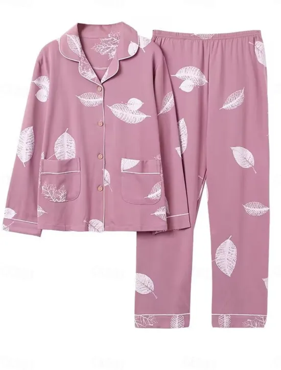 Outlet Women's Pajamas Pajama Top and Pant Sets Letter Flower Tights / Leggings Casual Comfort Home Daily Bed Cotton Breathable Lapel Long Sleeve Shirt Pant Button Pocket Summer Fall Home Outfits Women Pajama-Setter