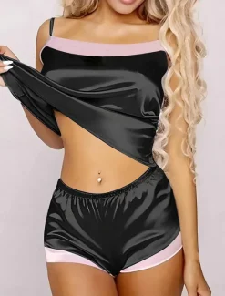 Women's Pajamas Pajama Top and Pant Sets Pure Color Fashion Casual Soft Home Daily Bed Satin Breathable Straps Sleeveless Strap Top Shorts Backless Summer Spring Home Outfits Women Pajama-Setter