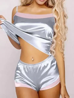 Women's Pajamas Pajama Top and Pant Sets Pure Color Fashion Casual Soft Home Daily Bed Satin Breathable Straps Sleeveless Strap Top Shorts Backless Summer Spring Home Outfits Women Pajama-Setter