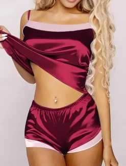 Women's Pajamas Pajama Top and Pant Sets Pure Color Fashion Casual Soft Home Daily Bed Satin Breathable Straps Sleeveless Strap Top Shorts Backless Summer Spring Home Outfits Women Pajama-Setter