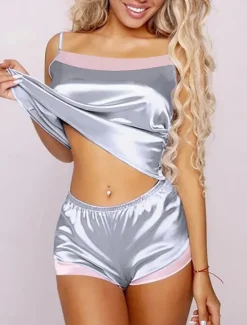 Women's Pajamas Pajama Top and Pant Sets Pure Color Fashion Casual Soft Home Daily Bed Satin Breathable Straps Sleeveless Strap Top Shorts Backless Summer Spring Home Outfits Women Pajama-Setter