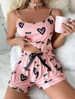 Best Women's Pajamas Pajama Top and Pant Sets Heart Casual Comfort Soft Home Daily Bed Breathable Straps Sleeveless Strap Top Shorts Elastic Waist Summer Spring Home Outfits Women Pajama-Setter