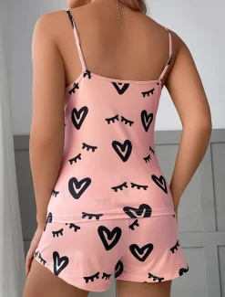 Best Women's Pajamas Pajama Top and Pant Sets Heart Casual Comfort Soft Home Daily Bed Breathable Straps Sleeveless Strap Top Shorts Elastic Waist Summer Spring Home Outfits Women Pajama-Setter