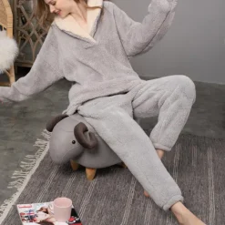 Women's Pajamas Pjs Sets 2 Pieces Pure Color Fashion Plush Comfort Home Vacation Fleece V Wire Long Sleeve Pullover Pant Elastic Waist Fall Winter Home Outfits Women Pajama-Setter