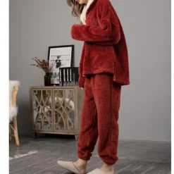 Women's Pajamas Pjs Sets 2 Pieces Pure Color Fashion Plush Comfort Home Vacation Fleece V Wire Long Sleeve Pullover Pant Elastic Waist Fall Winter Home Outfits Women Pajama-Setter