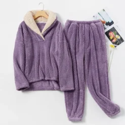 Women's Pajamas Pjs Sets 2 Pieces Pure Color Fashion Plush Comfort Home Vacation Fleece V Wire Long Sleeve Pullover Pant Elastic Waist Fall Winter Home Outfits Women Pajama-Setter