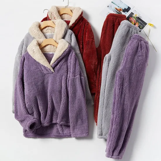Women's Pajamas Pjs Sets 2 Pieces Pure Color Fashion Plush Comfort Home Vacation Fleece V Wire Long Sleeve Pullover Pant Elastic Waist Fall Winter Home Outfits Women Pajama-Setter