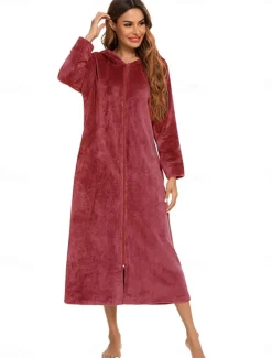 Online Women's Pajamas Pure Color Fashion Simple Home Fleece Warm Long Sleeve Robe Top Fall Winter Home Outfits Women Sleepwear