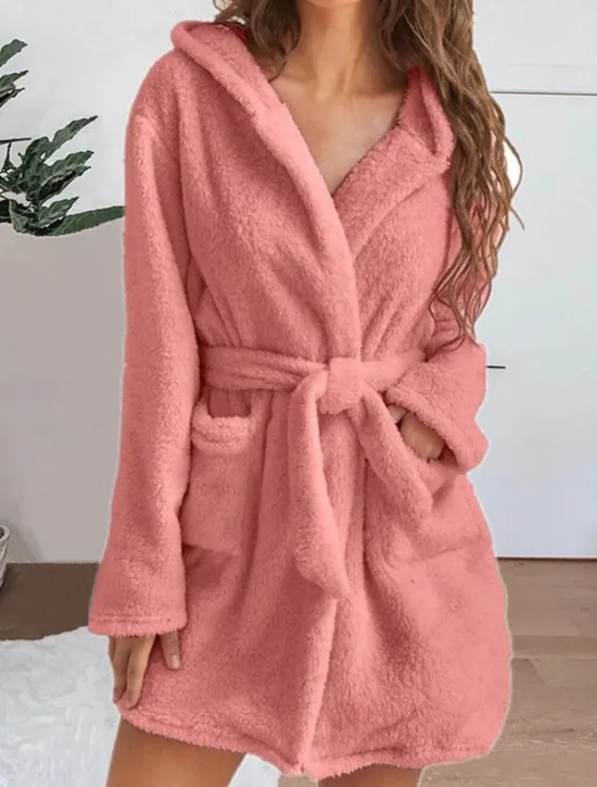 Sale Women's Pajamas Robe Bathrobe Robes Gown Pure Color Casual Comfort Soft Home Daily Bed Coral Fleece Coral Velvet Terry Warm Hoodie Long Sleeve Pocket Fall Winter Home Outfits Women Pajama-Setter