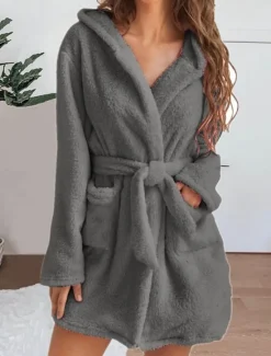 Sale Women's Pajamas Robe Bathrobe Robes Gown Pure Color Casual Comfort Soft Home Daily Bed Coral Fleece Coral Velvet Terry Warm Hoodie Long Sleeve Pocket Fall Winter Home Outfits Women Pajama-Setter