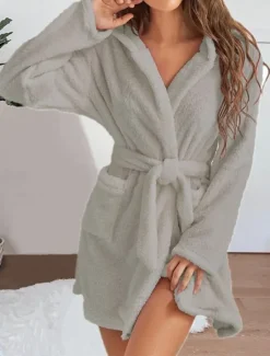 Sale Women's Pajamas Robe Bathrobe Robes Gown Pure Color Casual Comfort Soft Home Daily Bed Coral Fleece Coral Velvet Terry Warm Hoodie Long Sleeve Pocket Fall Winter Home Outfits Women Pajama-Setter