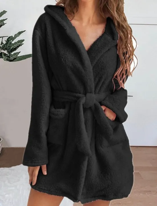 Sale Women's Pajamas Robe Bathrobe Robes Gown Pure Color Casual Comfort Soft Home Daily Bed Coral Fleece Coral Velvet Terry Warm Hoodie Long Sleeve Pocket Fall Winter Home Outfits Women Pajama-Setter