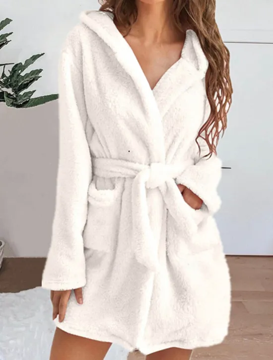 Sale Women's Pajamas Robe Bathrobe Robes Gown Pure Color Casual Comfort Soft Home Daily Bed Coral Fleece Coral Velvet Terry Warm Hoodie Long Sleeve Pocket Fall Winter Home Outfits Women Pajama-Setter
