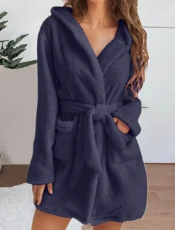 Sale Women's Pajamas Robe Bathrobe Robes Gown Pure Color Casual Comfort Soft Home Daily Bed Coral Fleece Coral Velvet Terry Warm Hoodie Long Sleeve Pocket Fall Winter Home Outfits Women Pajama-Setter
