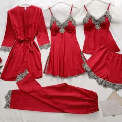 Women's Pajamas Robes Gown Nightgown Pjs 5 Pieces Pure Color Fashion Simple Retro Party Home Bed Satin Silk V Wire Long Sleeve Strap Top Pant Elastic Waist Belt Included Spring Fall Home Outfits Women Pajama-Setter