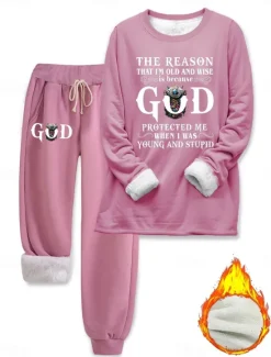 Discount Women's Pajamas Set Fleece Lined 2 Pieces Sweatshirt Tracksuits Fleece Pants Long Sleeve Crew Neck Daily Letter Drawstring Print Casual Dark Pink Blue Gray Fall Regular Fit Women Hoodies & Sweatshirts|Two Piece Sets