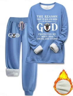 Discount Women's Pajamas Set Fleece Lined 2 Pieces Sweatshirt Tracksuits Fleece Pants Long Sleeve Crew Neck Daily Letter Drawstring Print Casual Dark Pink Blue Gray Fall Regular Fit Women Hoodies & Sweatshirts|Two Piece Sets
