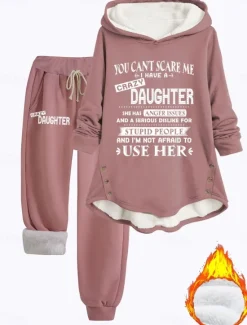 Clearance Women's Pajamas Set Fleece Lined 2 Pieces Hoodie Tracksuits Fleece Pants Long Sleeve Daily Hooded Letter Drawstring Print Casual Dark Pink Blue Gray Fall Regular Fit Women Two Piece Sets|Hoodies & Sweatshirts