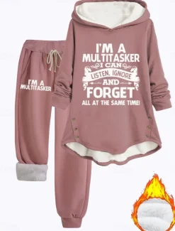 Online Women's Pajamas Set Fleece Lined 2 Pieces Hoodie Tracksuits Fleece Pants Long Sleeve Daily Hooded Letter Drawstring Print Casual Black Dark Pink Gray Fall Regular Fit Women Hoodies & Sweatshirts|Two Piece Sets