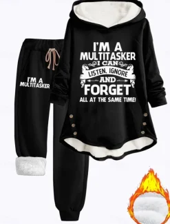 Online Women's Pajamas Set Fleece Lined 2 Pieces Hoodie Tracksuits Fleece Pants Long Sleeve Daily Hooded Letter Drawstring Print Casual Black Dark Pink Gray Fall Regular Fit Women Hoodies & Sweatshirts|Two Piece Sets