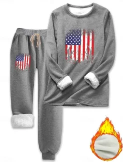 Hot Women's Pajamas Set Fleece Lined 2 Pieces Sweatshirt Tracksuits Fleece Pants Long Sleeve Crew Neck Daily Graphic Drawstring Print Casual Black Red Gray Fall Regular Fit Women Hoodies & Sweatshirts