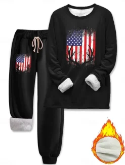 Hot Women's Pajamas Set Fleece Lined 2 Pieces Sweatshirt Tracksuits Fleece Pants Long Sleeve Crew Neck Daily Graphic Drawstring Print Casual Black Red Gray Fall Regular Fit Women Hoodies & Sweatshirts