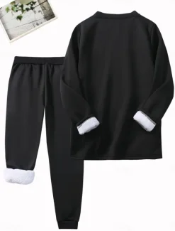 Hot Women's Pajamas Set Fleece Lined 2 Pieces Sweatshirt Tracksuits Fleece Pants Long Sleeve Crew Neck Daily Graphic Drawstring Print Casual Black Red Gray Fall Regular Fit Women Hoodies & Sweatshirts