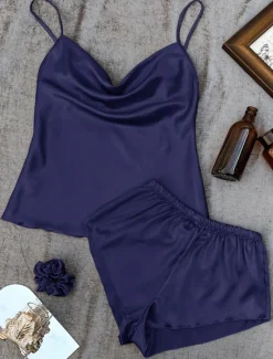 Hot Women's Pajamas Sets 3 Pieces Pure Color Fashion Lovers Comfort Home Daily Bed Satin Silk Breathable Straps Sleeveless Strap Top Shorts Backless Elastic Waist Summer Spring Home Outfits Women Pajama-Setter