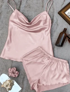 Hot Women's Pajamas Sets 3 Pieces Pure Color Fashion Lovers Comfort Home Daily Bed Satin Silk Breathable Straps Sleeveless Strap Top Shorts Backless Elastic Waist Summer Spring Home Outfits Women Pajama-Setter