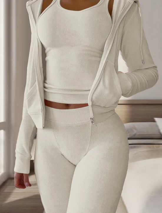 Women's Pajamas Sets 3 Pieces Pure Color Warm Fashion Plush Home Daily Bed Flannel Warm Breathable Hoodie Long Sleeve Hoodie Pant Fall Winter Home Outfits Women Pajama-Setter