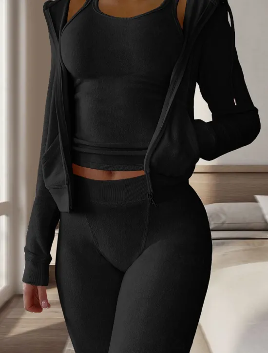 Women's Pajamas Sets 3 Pieces Pure Color Warm Fashion Plush Home Daily Bed Flannel Warm Breathable Hoodie Long Sleeve Hoodie Pant Fall Winter Home Outfits Women Pajama-Setter