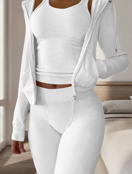 Women's Pajamas Sets 3 Pieces Pure Color Warm Fashion Plush Home Daily Bed Flannel Warm Breathable Hoodie Long Sleeve Hoodie Pant Fall Winter Home Outfits Women Pajama-Setter