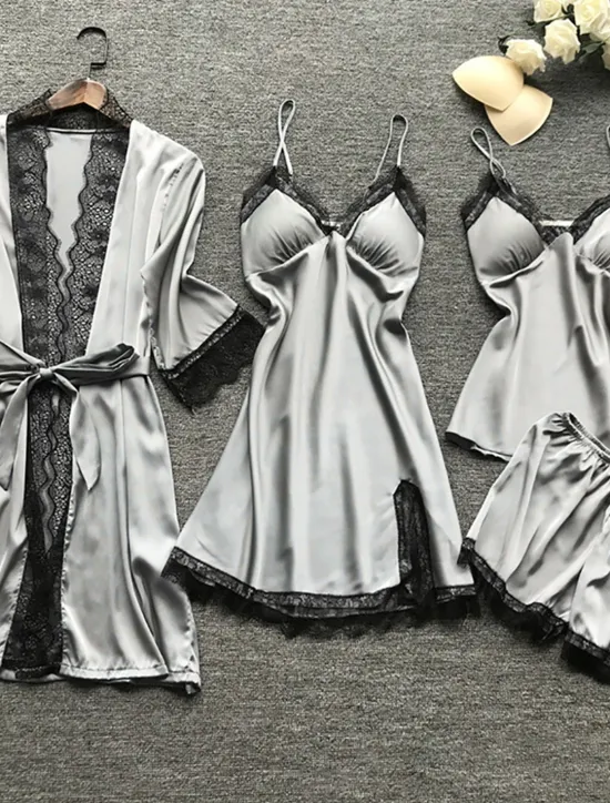 Outlet Women's Pajamas Sets 4 Pieces Pure Color Simple Casual Soft Home Daily Bed Breathable V Wire Long Sleeve Robe Top Shorts Elastic Waist Summer Spring Home Outfits Women Lingerie|Pajama-Setter