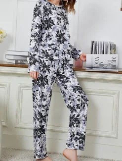 New Women's Pajamas Sets Floral Animal Fashion Comfort Home Daily Bed Breathable Crew Neck Long Sleeve T shirt Tee Pant Spring Fall Home Outfits Women Pajama-Setter