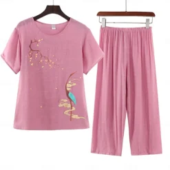 New Women's Pajamas Sets Floral Fashion Comfort Home Daily Bed Cotton And Linen Breathable Crew Neck Short Sleeve T shirt Tee Shorts Elastic Waist Summer Spring Home Outfits Women Pajama-Setter