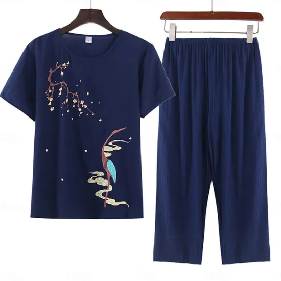 New Women's Pajamas Sets Floral Fashion Comfort Home Daily Bed Cotton And Linen Breathable Crew Neck Short Sleeve T shirt Tee Shorts Elastic Waist Summer Spring Home Outfits Women Pajama-Setter