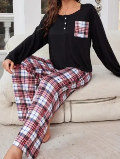 Clearance Women's Pajamas Sets Grid / Plaid Casual Comfort Home Bed Breathable Crew Neck Long Sleeve T shirt Tee Pant Button Pocket Fall Winter Home Outfits Women Pajama-Setter