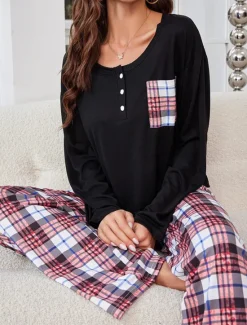 Clearance Women's Pajamas Sets Grid / Plaid Casual Comfort Home Bed Breathable Crew Neck Long Sleeve T shirt Tee Pant Button Pocket Fall Winter Home Outfits Women Pajama-Setter
