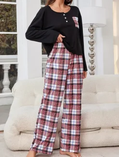 Clearance Women's Pajamas Sets Grid / Plaid Casual Comfort Home Bed Breathable Crew Neck Long Sleeve T shirt Tee Pant Button Pocket Fall Winter Home Outfits Women Pajama-Setter