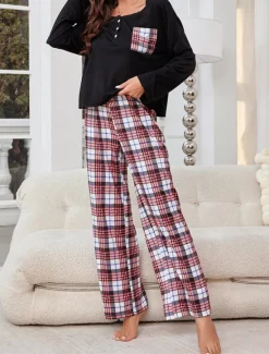 Clearance Women's Pajamas Sets Grid / Plaid Casual Comfort Home Bed Breathable Crew Neck Long Sleeve T shirt Tee Pant Button Pocket Fall Winter Home Outfits Women Pajama-Setter