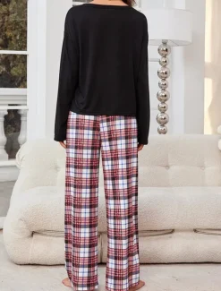 Clearance Women's Pajamas Sets Grid / Plaid Casual Comfort Home Bed Breathable Crew Neck Long Sleeve T shirt Tee Pant Button Pocket Fall Winter Home Outfits Women Pajama-Setter